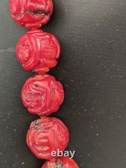 Red Coral Hand Carved Beaded Knotted Necklace, Rare 40cm Long &weight 86.4 Grams