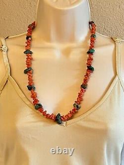 Red Coral Necklace Genuine Natural VtG Branch Turquoise Beaded Collar Strand