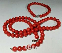 Red Coral Round Beads Undyed Mediterranean Natural Carved Necklace+Bracelet 8mm