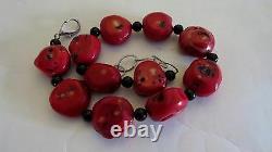 Red Coral Vintage And Black Stones Beads Necklace