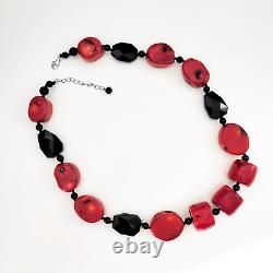Red Coral and Black Onyx Chunky Statement Necklace 925 Clasp 21