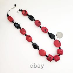 Red Coral and Black Onyx Chunky Statement Necklace 925 Clasp 21