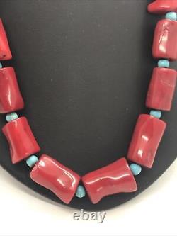 Red Dyed Coral Beads Chunky Turquoise Beaded Necklace Sterling Silver 925 Clasp