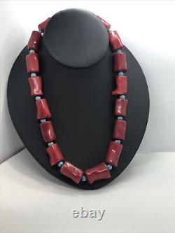 Red Dyed Coral Beads Chunky Turquoise Beaded Necklace Sterling Silver 925 Clasp