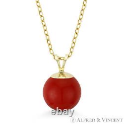 Red Sea Coral Ball Bead Solitaire 14k Yellow Gold Pendant & Cable Chain Necklace