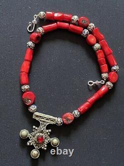 Red coral Boghdad Morrocan southern Berber cross & African Bead Tuareg necklace