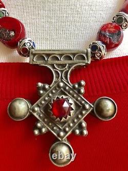 Red coral Boghdad Morrocan southern Berber cross & African Bead Tuareg necklace