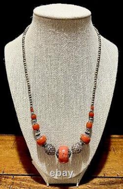Red coral and silver bead necklace vintage
