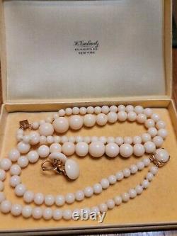 Retro 14k Gold Angel Skin Coral Stone Double Strand Beaded Necklace + Earrings