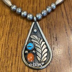 Rita Paul Navajo Turquoise Coral Bench Bead Necklace Pendant Sterling 16 Bf