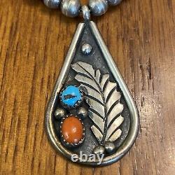Rita Paul Navajo Turquoise Coral Bench Bead Necklace Pendant Sterling 16 Bf