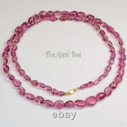 Rubellite Pink Tourmaline Smooth Oval Nugget Bead Necklace 18K Solid Gold 28.5
