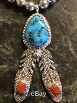 Running Bear Sterling Silver Turquoise Coral 5 Pendant Ball Bead Necklace 925 RB