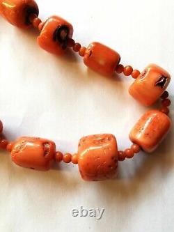 SALMON RED CORAL ANTIQUE VINTAGE NATURAL BARREL & ROUND BEADS NECKLACE 110 grams