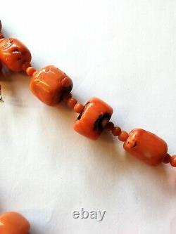 SALMON RED CORAL ANTIQUE VINTAGE NATURAL BARREL & ROUND BEADS NECKLACE 110 grams