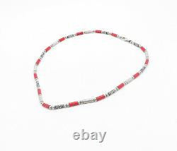 SOUTHWESTERN 925 Silver Vintage Coral Barrel Beaded Chain Necklace NE1424