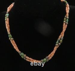 SOUTHWESTERN 925 Silver Vintage Turquoise & Coral Beaded Necklace NE3547