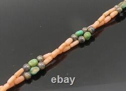 SOUTHWESTERN 925 Silver Vintage Turquoise & Coral Beaded Necklace NE3547