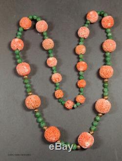 SPONGE CORAL GREEN JADEITE 14k BEAD NECKLACE 29 INCHES ROUND BEADS 89.30gr. #196