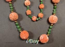 SPONGE CORAL GREEN JADEITE 14k BEAD NECKLACE 29 INCHES ROUND BEADS 89.30gr. #196