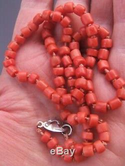 STUNNING ANTIQUE CHUNKY REAL CORAL BARREL BEAD NECKLACE 21g