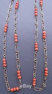 STUNNING, ANTIQUE, LONG, REAL CARVED CORAL BEAD & GOLD CHAIN NECKLACE 8g