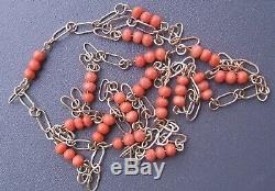 STUNNING, ANTIQUE, LONG, REAL CARVED CORAL BEAD & GOLD CHAIN NECKLACE 8g