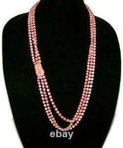 Salmon Coral Bead Triple Strand 30 Necklace w Carved Coral Rose & Gold Closure