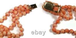 Salmon Coral Bead Triple Strand 30 Necklace w Carved Coral Rose & Gold Closure