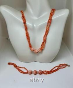 Salmon Coral Necklace and Bracelet 14 Karat Gold Three Strand Hand Carved Beads
