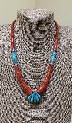 Santo Domingo Red Coral Turquoise Heishi Bead Necklace Lupe Lovato
