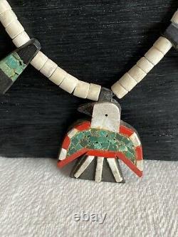 Santo Domingo Thunderbird Inlay Coral Turquoise Necklace white beads Old 1930s