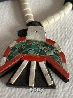 Santo Domingo Thunderbird Inlay Coral Turquoise Necklace white beads Old 1930s