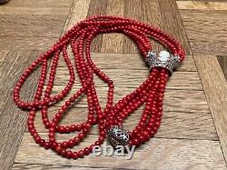 Sardinian Red Coral Bead Multi Strand Necklace with Cameo Slide At Nouveau