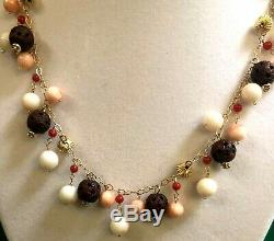 Signed 585 14k Solid Yellow Gold Angel Skin Coral Red Coral Stone Bead Necklace