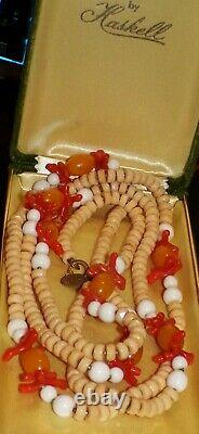 Signed Miriam Haskell Fx. Coral Sticks Glass Art Bead Vtg. Long Necklace +earrings