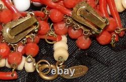 Signed Miriam Haskell Fx. Coral Sticks Glass Art Bead Vtg. Long Necklace +earrings