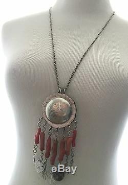 Silver Coral Tunisian Necklace Antique Hamsa Ethnic Tribal Beads Amulet- Opens