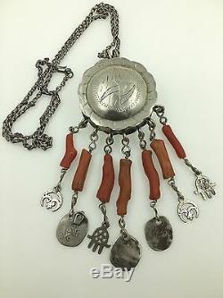 Silver Coral Tunisian Necklace Antique Hamsa Ethnic Tribal Beads Amulet- Opens
