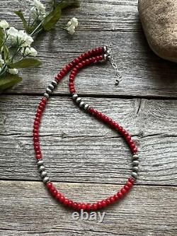 Southwestern 925 Sterling Silver Red Coral 6mm Pearls Bead Necklace 18 Inch