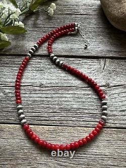 Southwestern 925 Sterling Silver Red Coral 6mm Pearls Bead Necklace 18 Inch