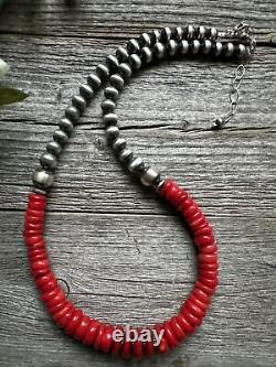 Southwestern Sterling Silver Bamboo Red Coral Bead Necklace 18 inch