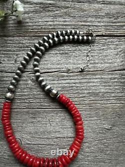 Southwestern Sterling Silver Bamboo Red Coral Bead Necklace 18 inch