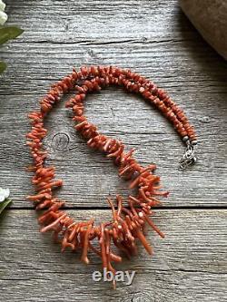 Southwestern Sterling Silver Graduated Branch Red Coral Bead Necklace 18 inch