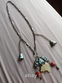 Splendid Antique Chinese Silver & Enamel, Jade & Coral Necklace