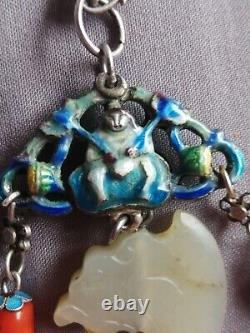 Splendid Antique Chinese Silver & Enamel, Jade & Coral Necklace