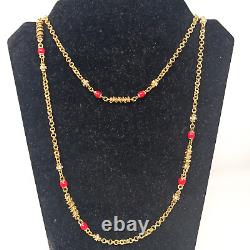St. John Gold Plated Coral Red Color Bead Clear Rhinestone Necklace 46 VTG #G4