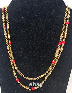 St. John Gold Plated Coral Red Color Bead Clear Rhinestone Necklace 46 VTG #G4