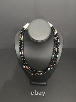 Sterling Silver Black Onyx, Turquoise, Coral Bead Necklace