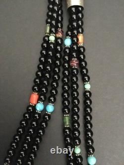 Sterling Silver Black Onyx, Turquoise, Coral Bead Necklace